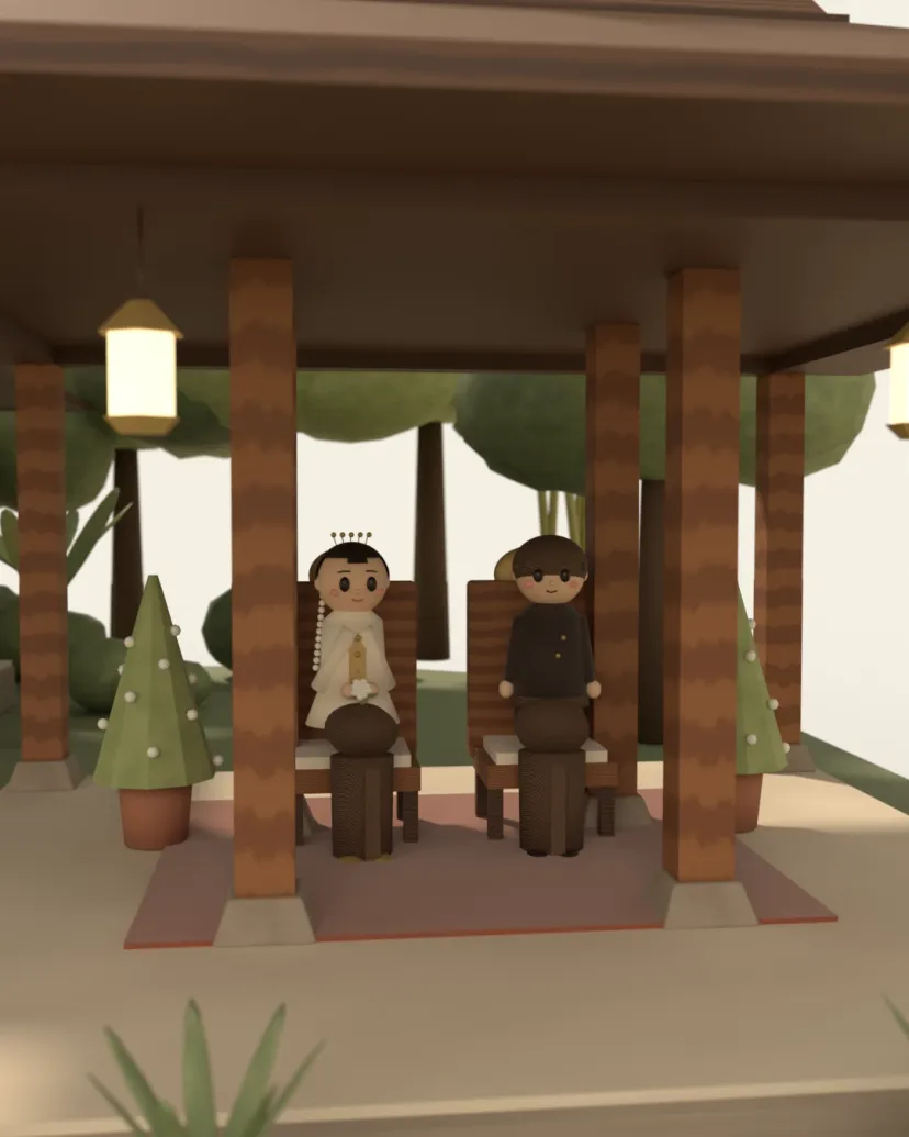 Pasangan pengantin miniatur duduk berdua di kursi pelaminan dalam pendopo kayu, diapit kembar mayang dan lentera.